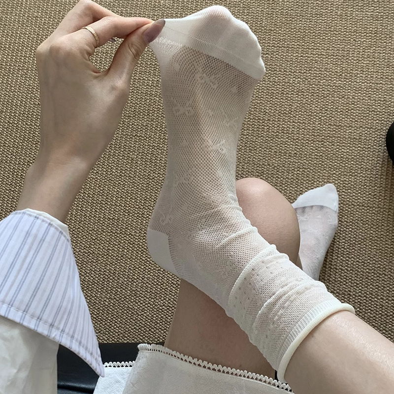 Bowknot Socks Ballet Style Women's Summer Thin Cool Hollow-out Socks All-match Mid-barrel with Small Leather Shoes Breathable and Feet-free