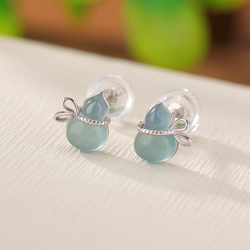Khuyên tai nữ bạc S925 mạ vàng đính ngọc bích xanh nước biển phong cách retro — Mẫu ngọc bích nước xanh