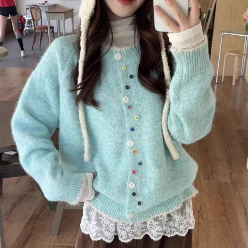 韩系清新彩扣圆领针织开衫女2025秋冬新款宽松学院风软糯毛衣外套|undefined