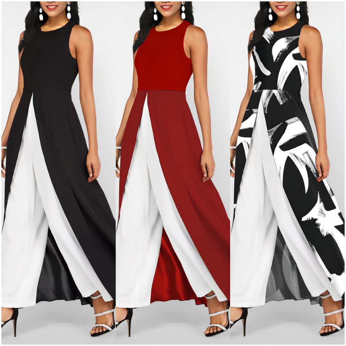 2023 European and American Women's Amazon New Casual Sleeveless Crewneck Body-shaping Color-blocking Dress Pants Set