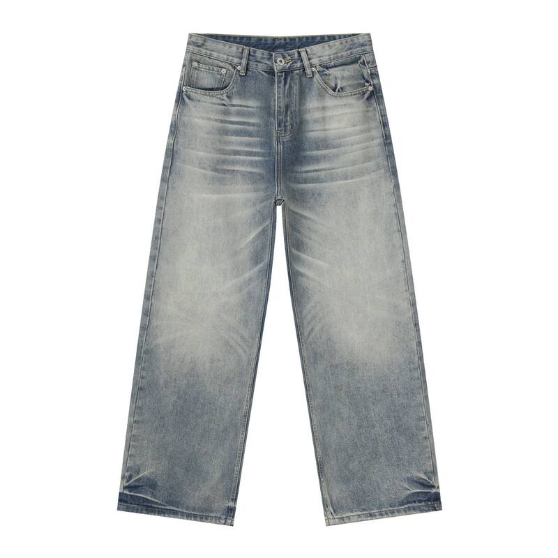 Quần jeans nam ống rộng dáng thẳng lưng giữa, phong cách retro, dài chấm gót — màu xanh