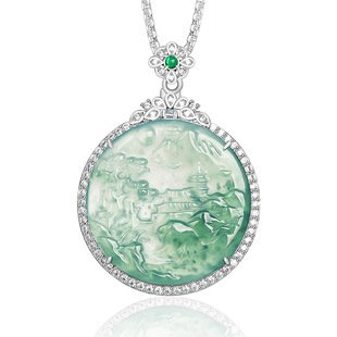 Natural a goods jade blue water landscape brand S925 silver inlaid ice jade pendant jade pendant men's and women's necklace pendant
