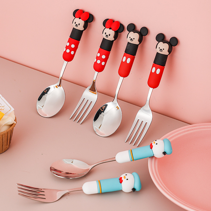 Cuchara de acero inoxidable de Disney Juego de tenedor y cuchara para niños Cuchara de comida casera Cuchara de comida para bebés Cuchara pequeña Dibujos animados de alto valor