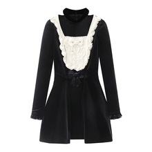 现货025冬季新款赫本风撞色U领裱花方领丝绒连衣裙 FF25D41SO124