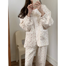 2025冬季保暖空气夹棉家居服慵懒小碎花花边开衫睡衣套装