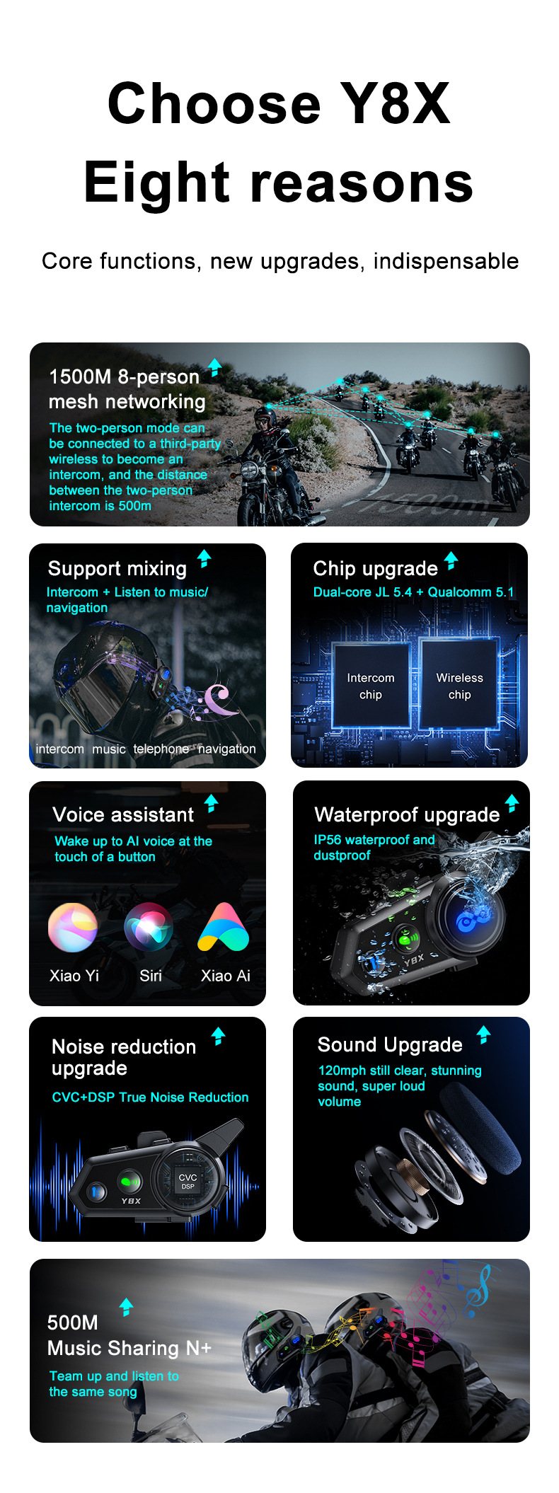 Cross-border Y8X helmet Bluetooth headset, 8-person MESH network helmet intercom headset, helmet Bluetooth headset