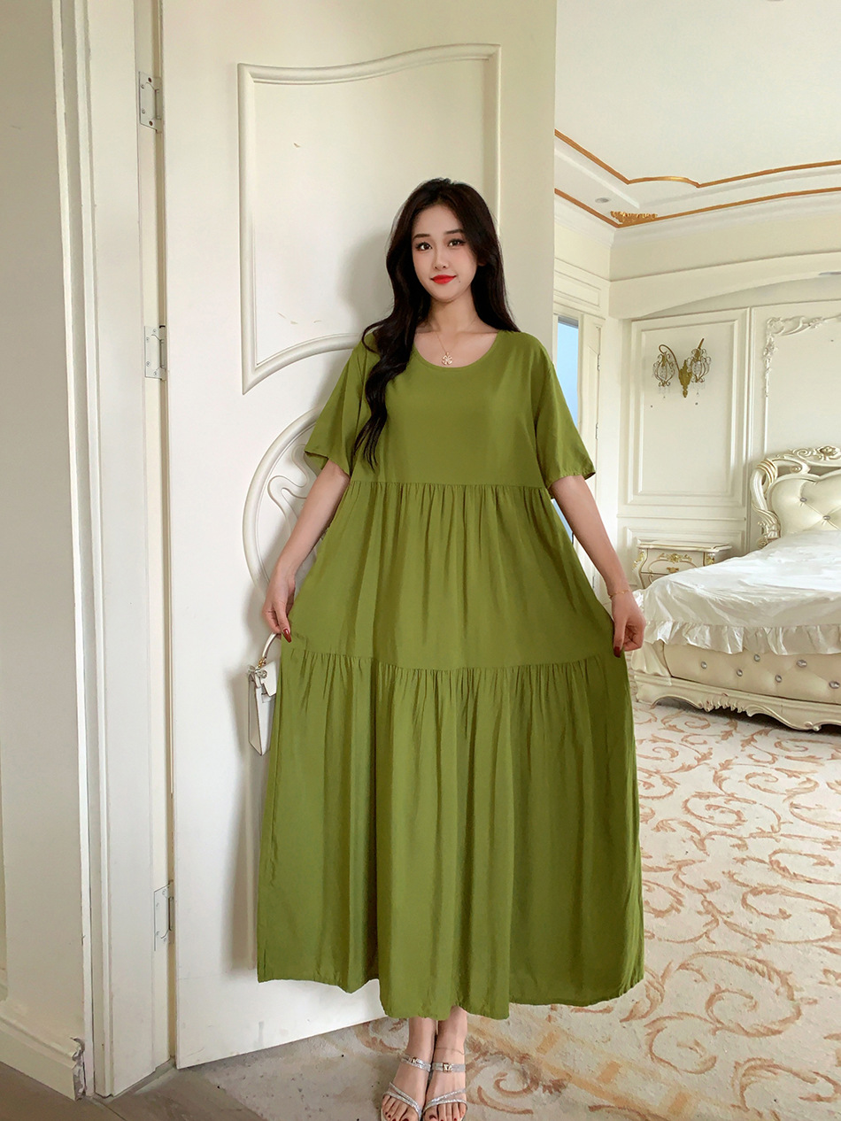 Short-sleeved Cotton Silk Women's Dress, European And American 2025 New Style, Round-neck Seaside Vacation Style Dress_ecoleips.com