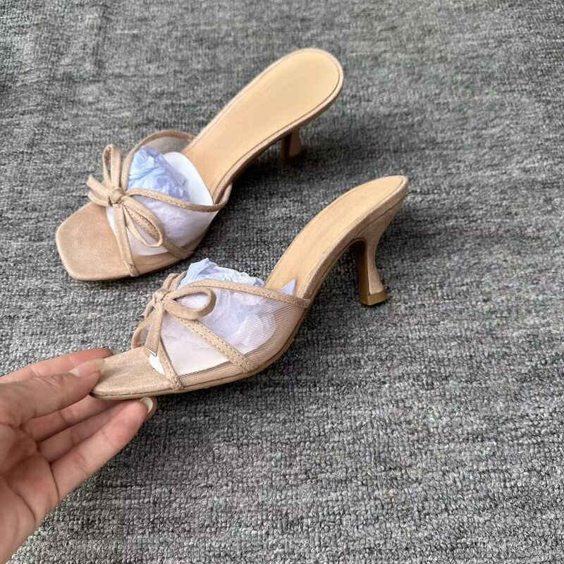 2026 Spring/Summer New Style Thin Heel Open-Toe Sandals with Fashionable Bow, Simple Backless Mesh Slip-On Shoes 2026 Spring/Summer New Style Thin Heel Open-Toe Sandals with Fashionable Bow, Simple Backless Mesh Slip-On Shoes