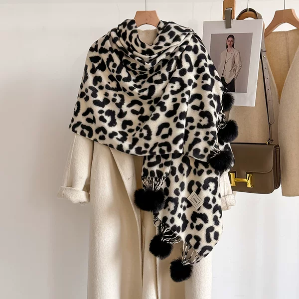 Winter Imitation Cashmere Scarf for Women New Double-Sided Leopard Print European and American Fashion Scarf Versatile Warm Printed Tassel Shawl