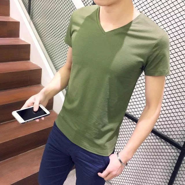 브이넥 반팔 아미 그린