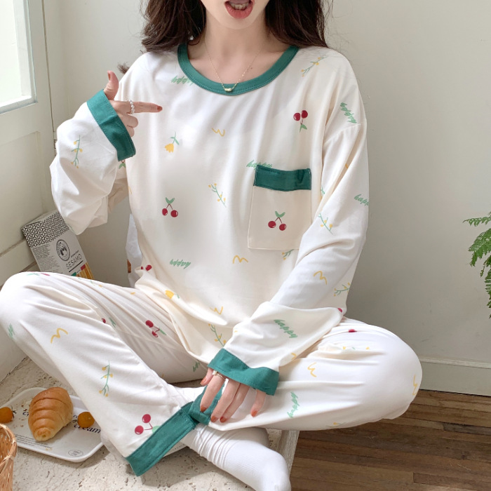 Estilo simple japonés pijamas chica de algodón-como cuello redondo de manga larga de otoño e invierno con almohadilla en el pecho dulce Winnie the Pooh traje de desgaste para el hogar