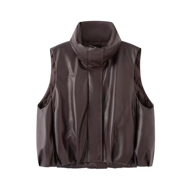 2025 New Autumn Fashion Elegant Versatile Loose Stand Collar Sleeveless Pu Leather Jacket Sleeveless down Vest Ar004146