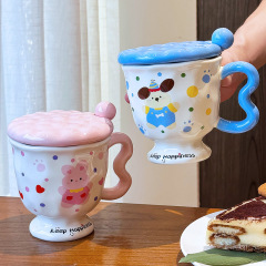 かわいい水玉模様のウサギのクリエイティブな高価値漫画ウォーターカップセラミックマグ蓋付きスプーン女の子への誕生日プレゼント