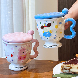 Cute Polka Dot Bunny Creative High-Looking Cartoon Water Cup Ceramic Mug with Lid Spoon Birthday Gift for Girls