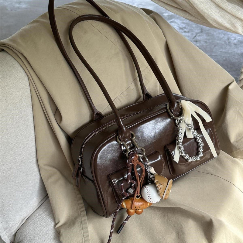 Bag Women 2025 New Large Capacity Korean Ins Brown Retro Bowling Handheld Shoulder Bag