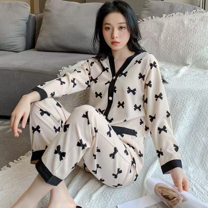 Pijama de mujer primavera y otoño 2025, nuevos pantalones de mangas largas, cardigans, set de ropa de casero de algodón suelta