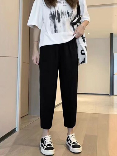 Harlem pants for women's spring and summer large size women's pants fat elastic waist slimming black radish pants for women's nine-quarter suit casual pants