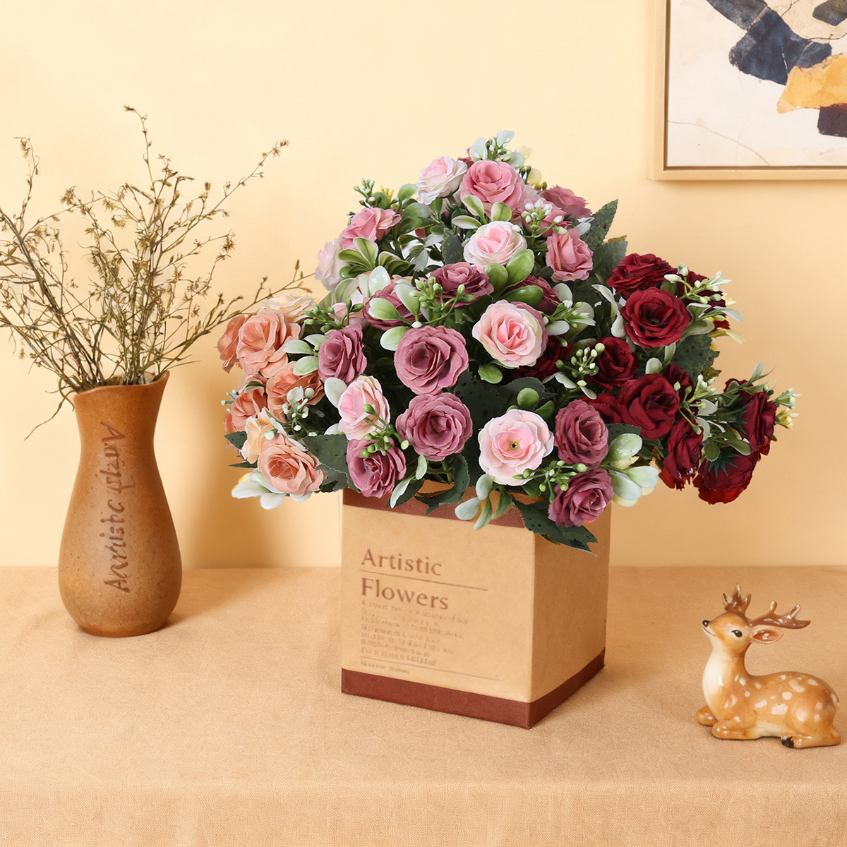 15 flores europeas de flores de rosa pequeña flor de seda para la decoración de la mesa de la sala de estar arco de boda