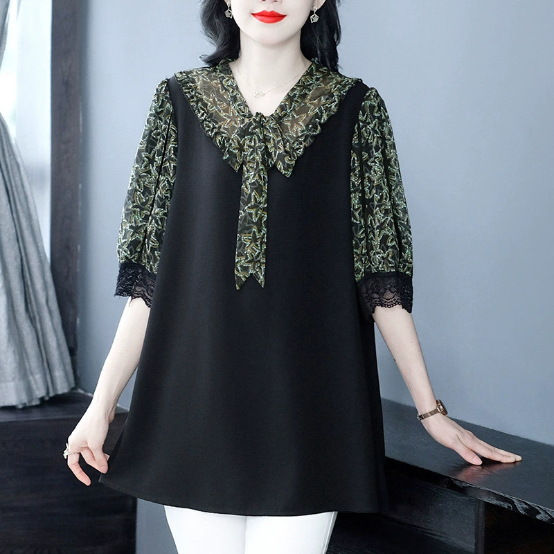 Летняя новая прямая трансляция, популярный стиль, кружевная шифоновая свободная утягивающая рубашка для похудения, повседневная рубашка со средними рукавами мм, топы, женская одежда