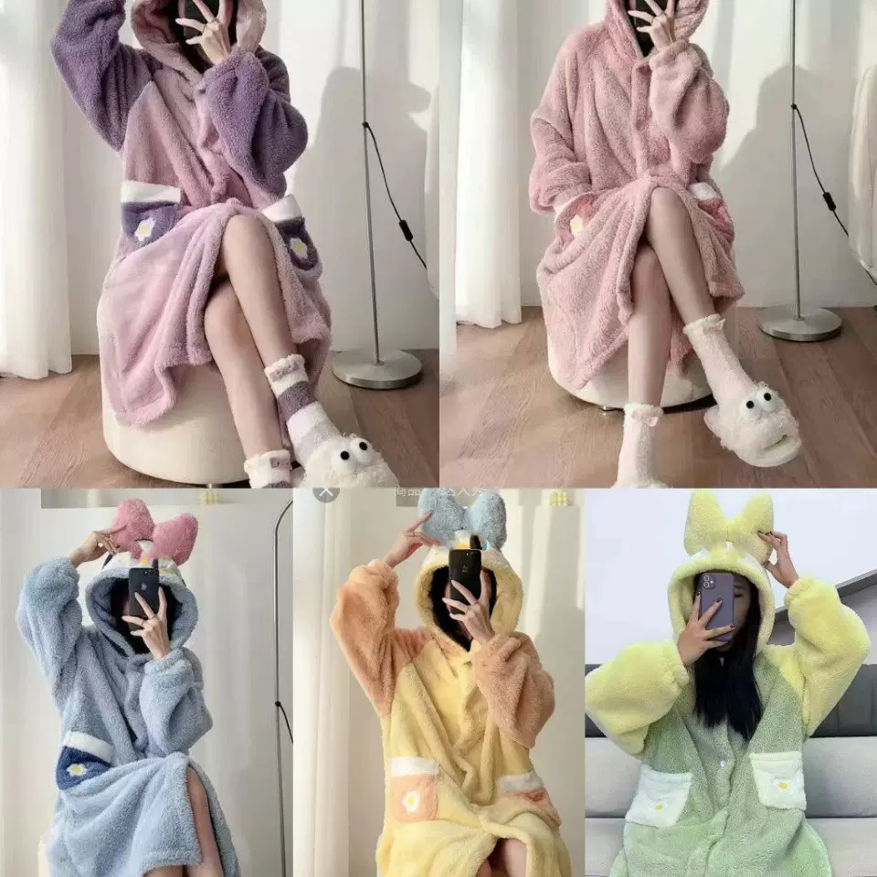 秋冬季珊瑚绒开衫睡衣女加厚加绒可爱长款卡通睡袍女居家服可外穿