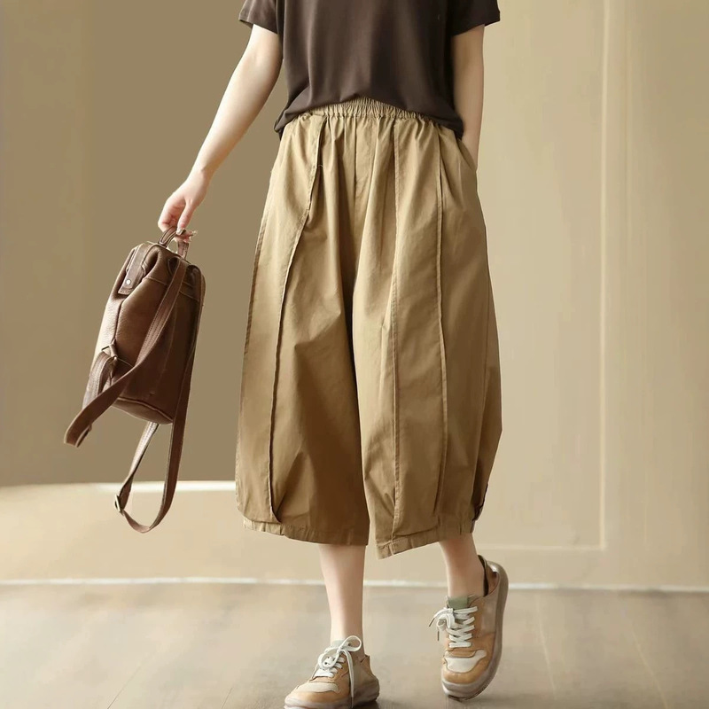 2026 Summer Retro Cotton Harem Pants Patchwork Casual Pants for Women Elastic Waist Loose Lantern Pants Solid Color Cropped Pants