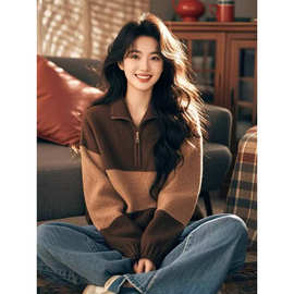 撞色半拉链针织毛衣外套女装冬季新款美式复古高级感宽松保暖毛衣