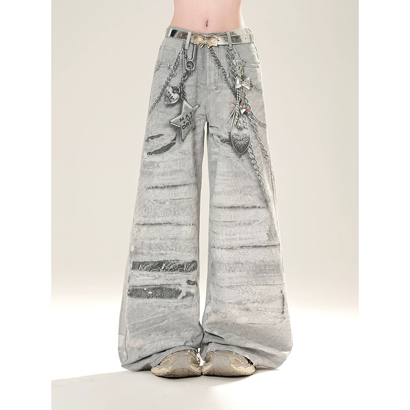 Ice Gray Jeans Women's Summer New Style 2025 American High Street Design Loose Slimming Look Straight Wide Leg Pants