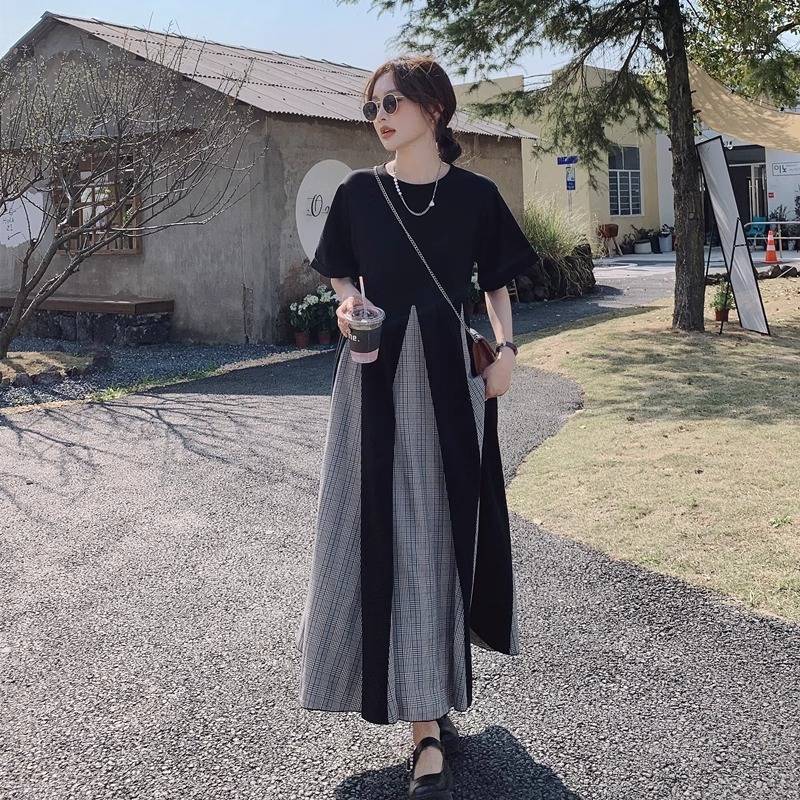 胖mm大码300斤赫本风法式连衣裙夏季拼接假两件遮肚宽松大摆裙女|undefined