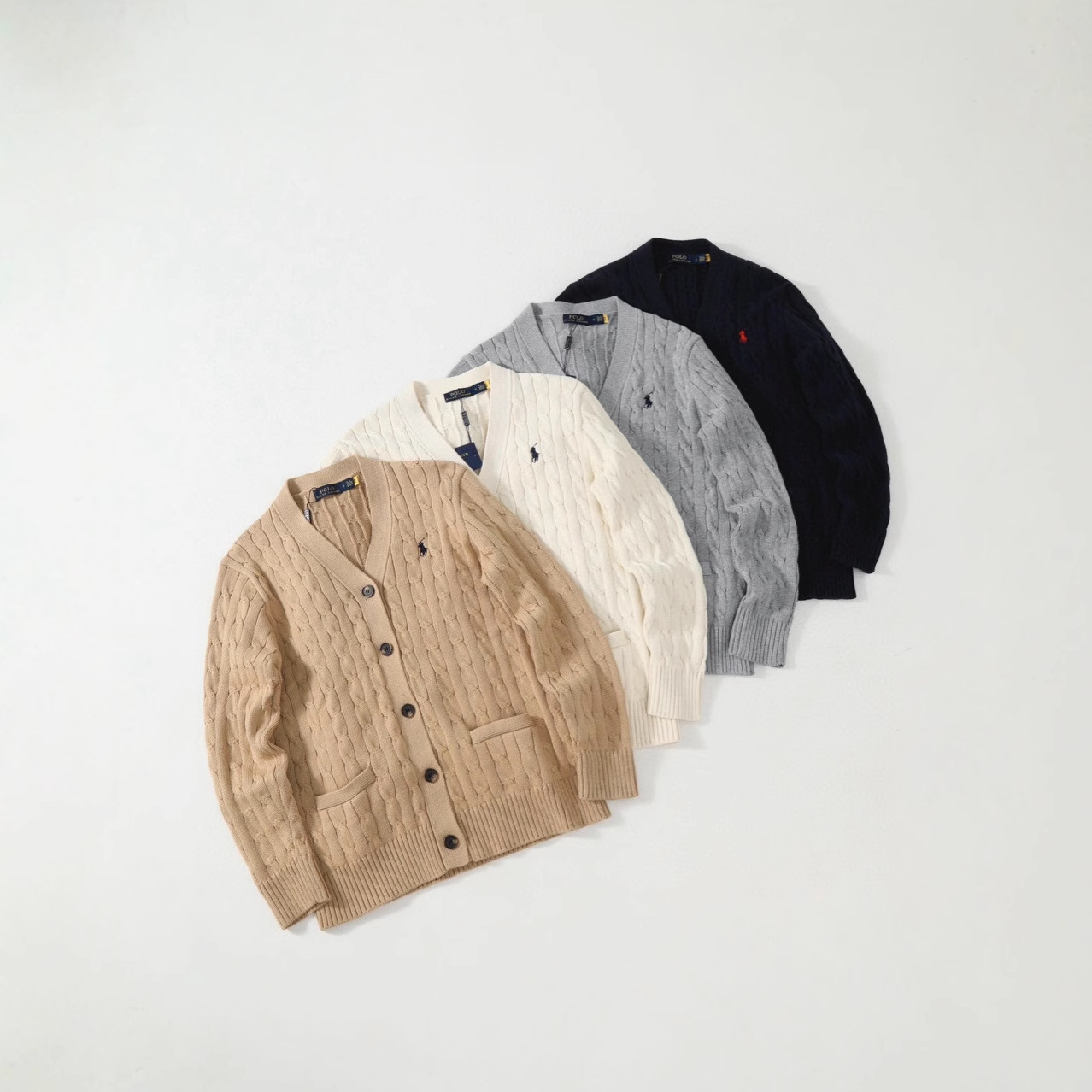 高品质小马标麻花纹rl针织开衫气质通勤减龄长袖针织衫毛衣男女