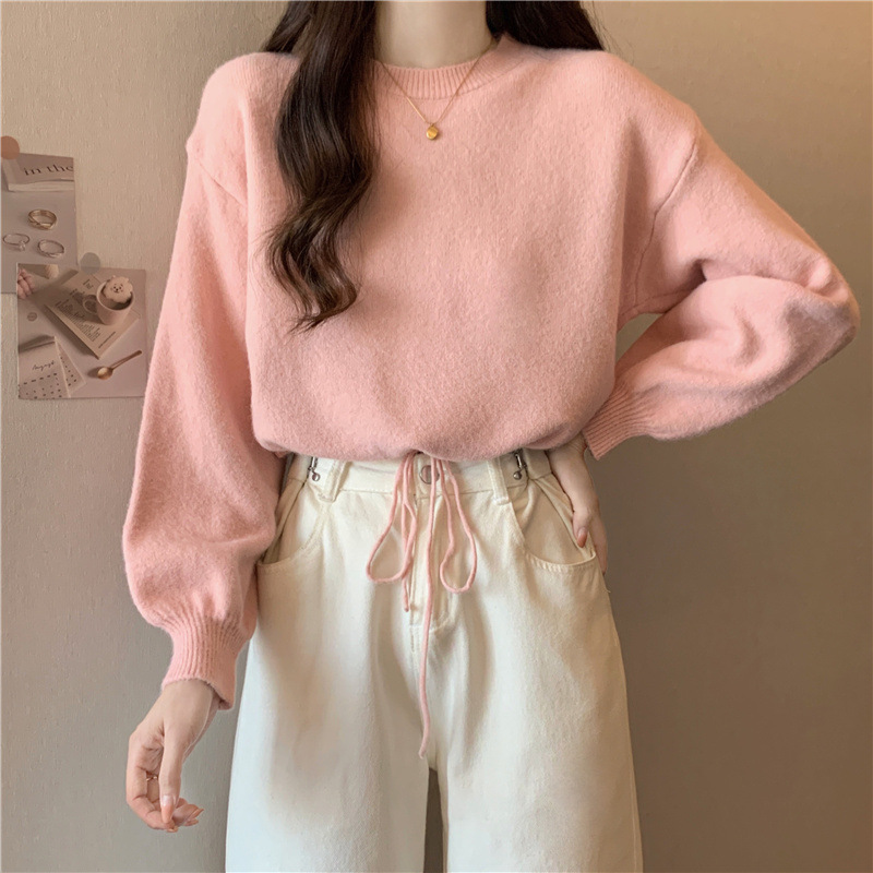 Coreano de color sólido simple perezoso estilo pequeño suéter de moda de otoño y invierno de cuello redondo cuerdas sueltas jersey de tendencia image 5