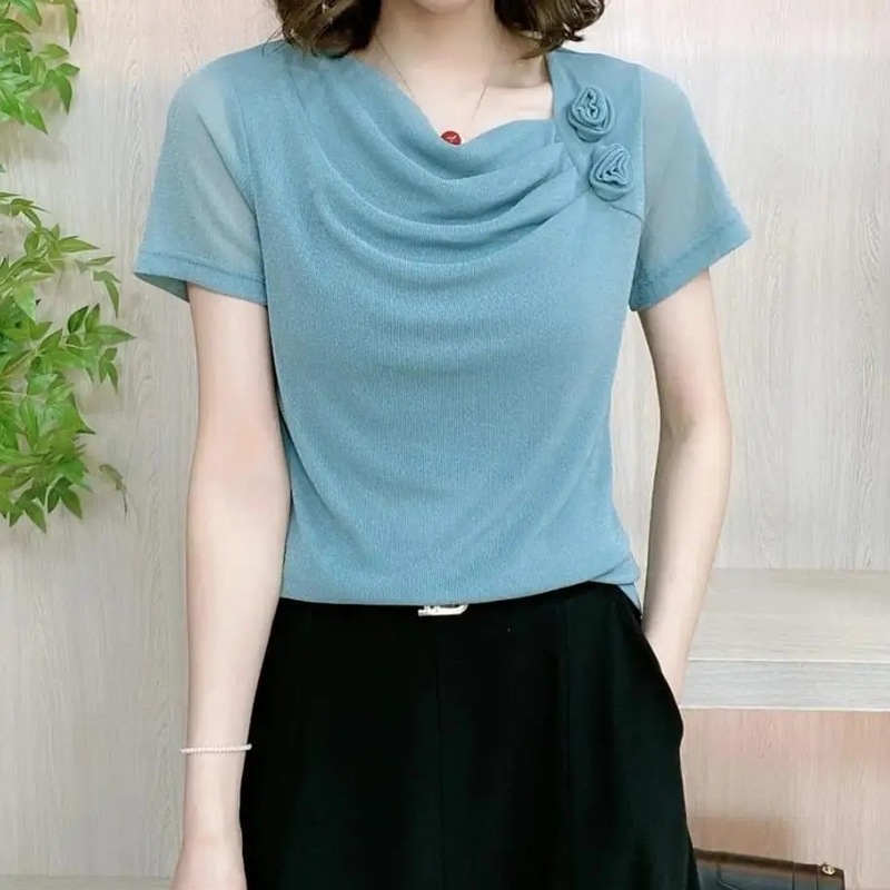女性用フラワーパイルカラー半袖シャツ、肉感をカバーして着痩せ、夏用Tシャツ、気質トップス、メッシュ年齢軽減ボトムスシャツ|undefined