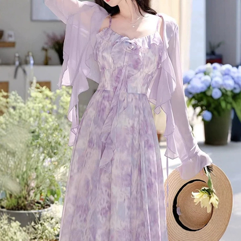 French-Style Purple Floral Dress with Suspenders and a Matching Blouse, Two-Piece Set, High-End and Very Beautiful Long Dress