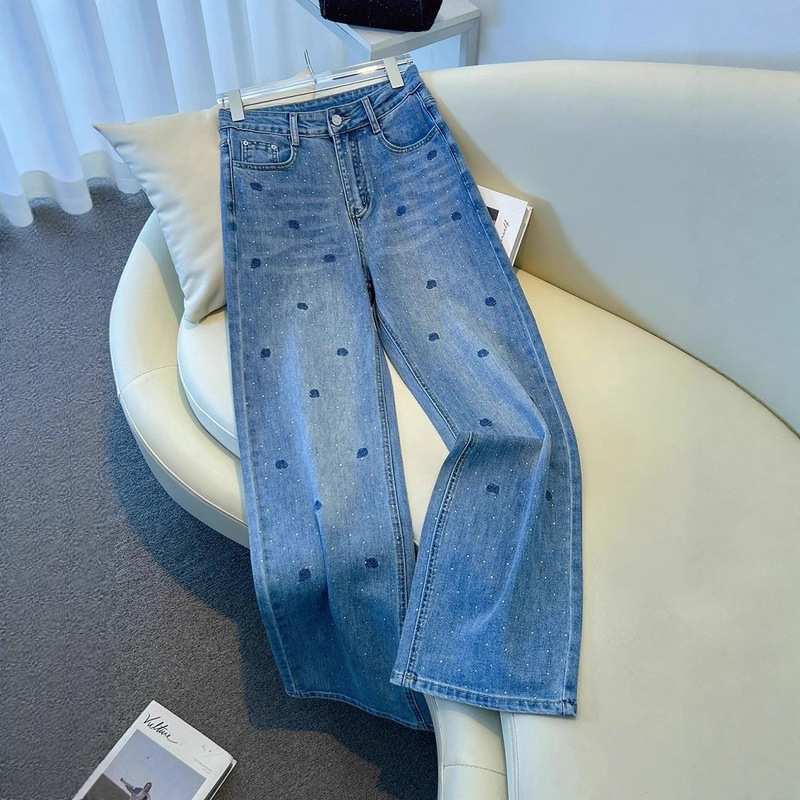 American Retro Blue Rose Embroidered Rhinestone Jeans 2025 New High-Waisted Heavy-Duty Washed Slimming Straight Pants