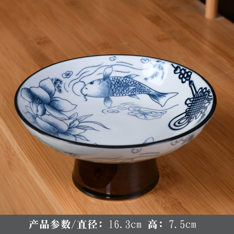 青花磁器高脚果盤中国式陶磁器茶点盤乾ナッツ菓子大サイズ果物盤功盤茶室レストラン|undefined