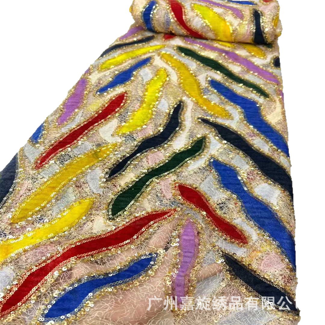 Tejido de encaje estriado colorido dorado sequilla tubo de perlas bordado tela de moda de Oriente Medio vestido de boda tela de Ghana