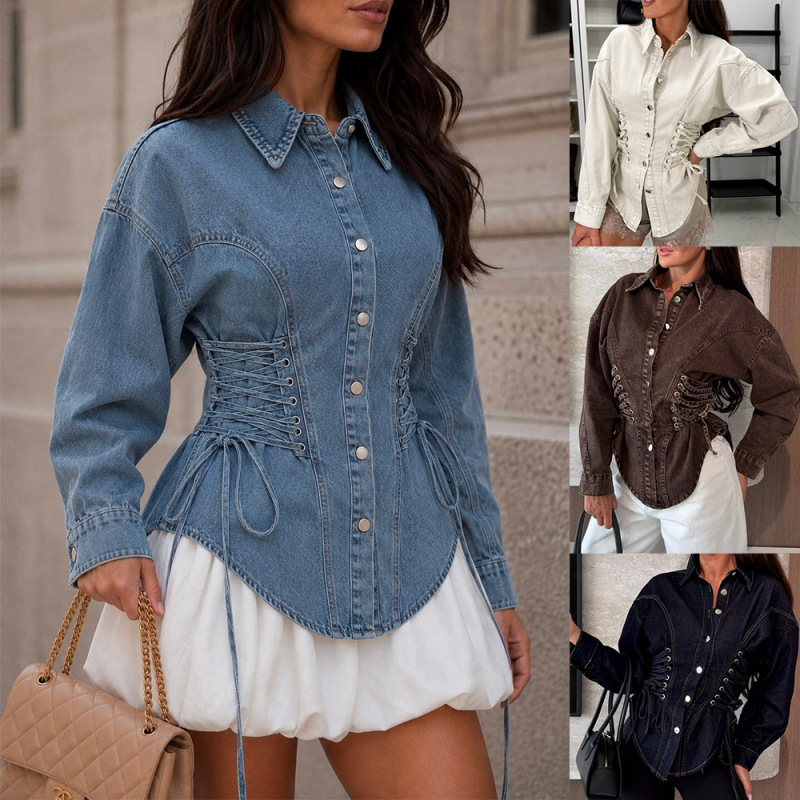 New European and American cross-border style women's waist-tied denim shirt, long-sleeved, collared, fashionable casual short top 6322 New European and American cross-border style women's waist-tied denim shirt, long-sleeved, collared, fashionable casual short top 6322
