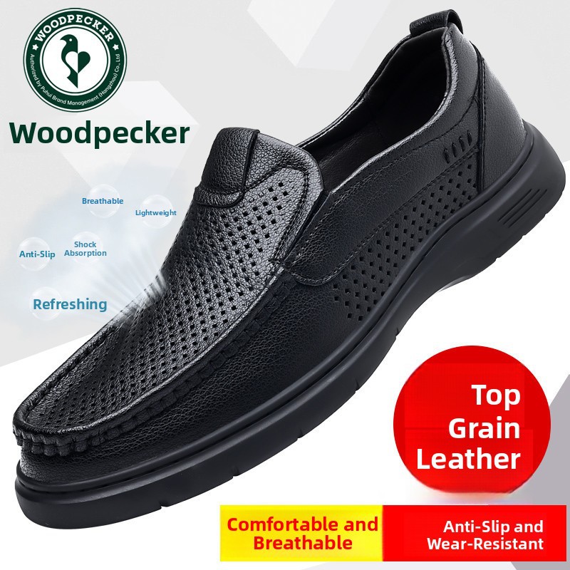 啄木鸟皮鞋男士夏季透气真皮软底男士休闲拖鞋中老年人老爸空心凉