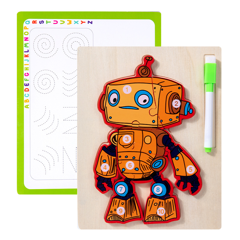 Junta de dibujo de rompecabezas robot multifuncional de madera cuerdas cuentas animales frutas tablero de coincidencia de tráfico para niños pequeños
