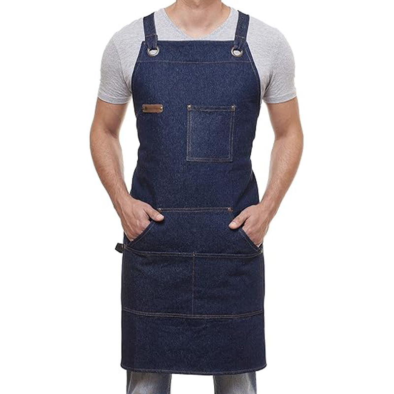 Nuevo delantal de mezclilla de Amazon transfronterizo logotipo personalizado barbero ropa de trabajo delantal de cocina de múltiples bolsillos al por mayor