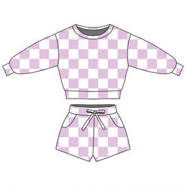 欧美精品店童装外贸批发紫色格子印花女孩新款卫衣套装