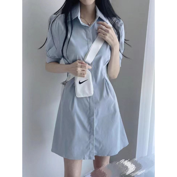 ブルーポロカラーシャツドレス女性のための 2025 夏の新しいフレンチスカートウエスト痩身 A ライン半袖スカート|undefined