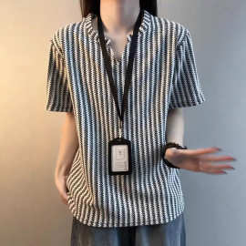美式休闲慵懒风v领鱼骨纹短袖t恤女夏季新款简约时尚宽松半袖上衣