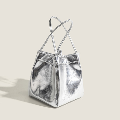 2024 Spring New Style Lunch Box Bag Handbag Small Square Basket Bag International Trade Cross-Border Women's Bag Silver Shiny Leather Bag