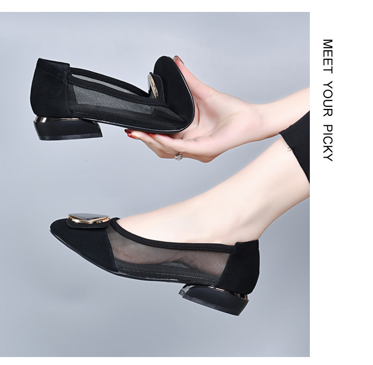 Sandal nữ quai chữ V đế mềm gót thấp 2.5 cm, chất liệu da thật lưới thoáng khí — Gót đen cao 2.5 cm chi tiết 15