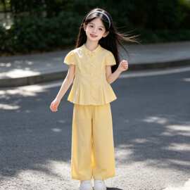 女童新中式国风夏季套装中大童立领盘扣收腰上衣阔腿裤休闲两件套
