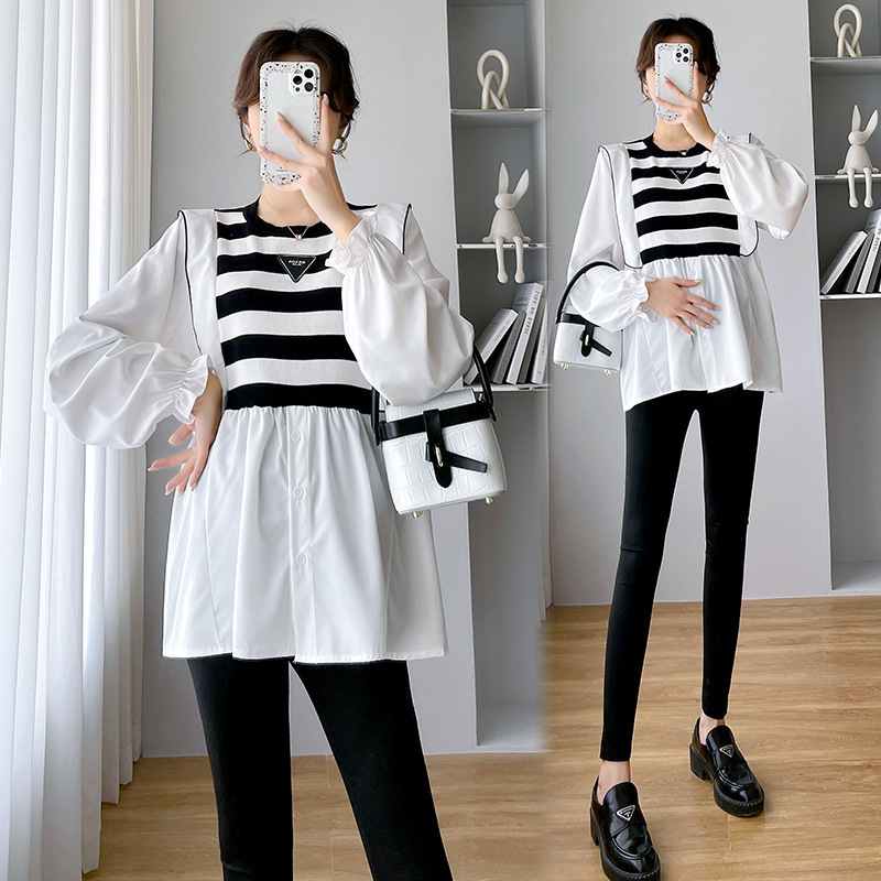 Real shot in stock new pregnant women's autumn clothing suit Fashion Net red pregnant women's clothing top temperament slimming pregnant women's doll shirt