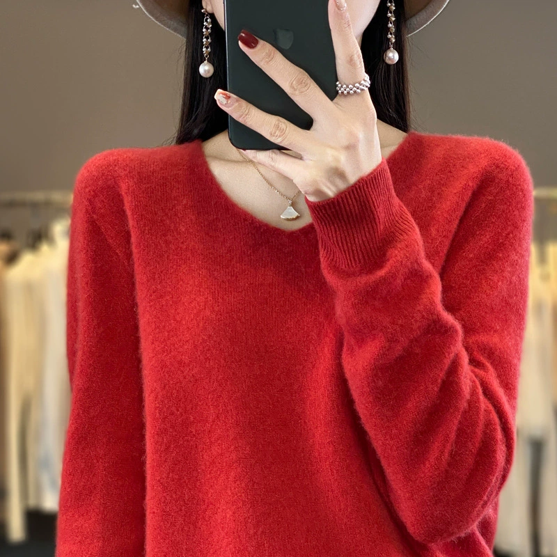 Вязаный свитер с V-образным вырезом, oversize, женский демисезон 100% шерсть, свободный покрой