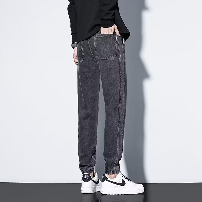 2024 primavera y otoño pantalones vaqueros de cintura elástica todo fósforo para hombres, pantalones de pierna ancha rectos sueltos para adolescentes de la calle principal