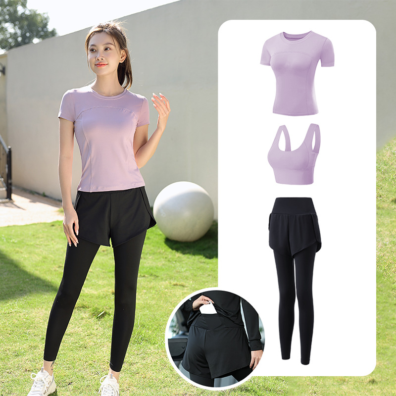 Trajes de yoga para mujeres de verano para correr ropa deportiva suelta rápida ropa seca bolsillo para correr trajes de mujeres de la mañana para correr comercio exterior