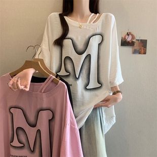 T-Shirt Women's 2025 Plus Size Women's New Style Personalized Discreet Shoulder Leakage Versatile Short-Sleeved Loose Casual Top